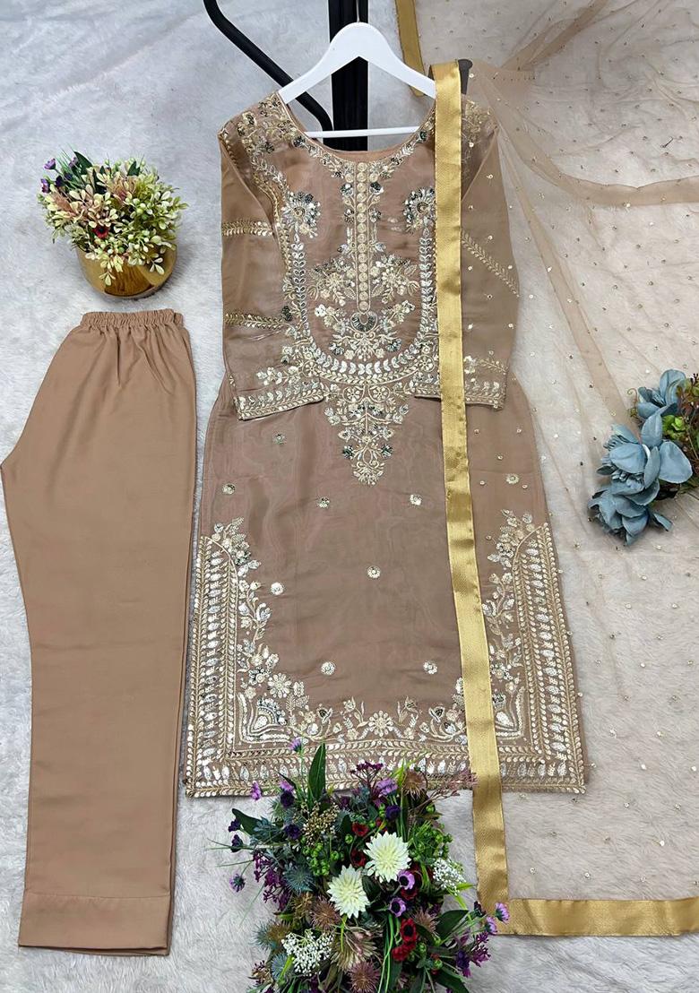 Golden Embroidery Silk Straight Kurta Set - Indya