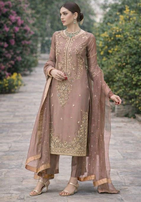 Golden Embroidery Silk Straight Kurta Set