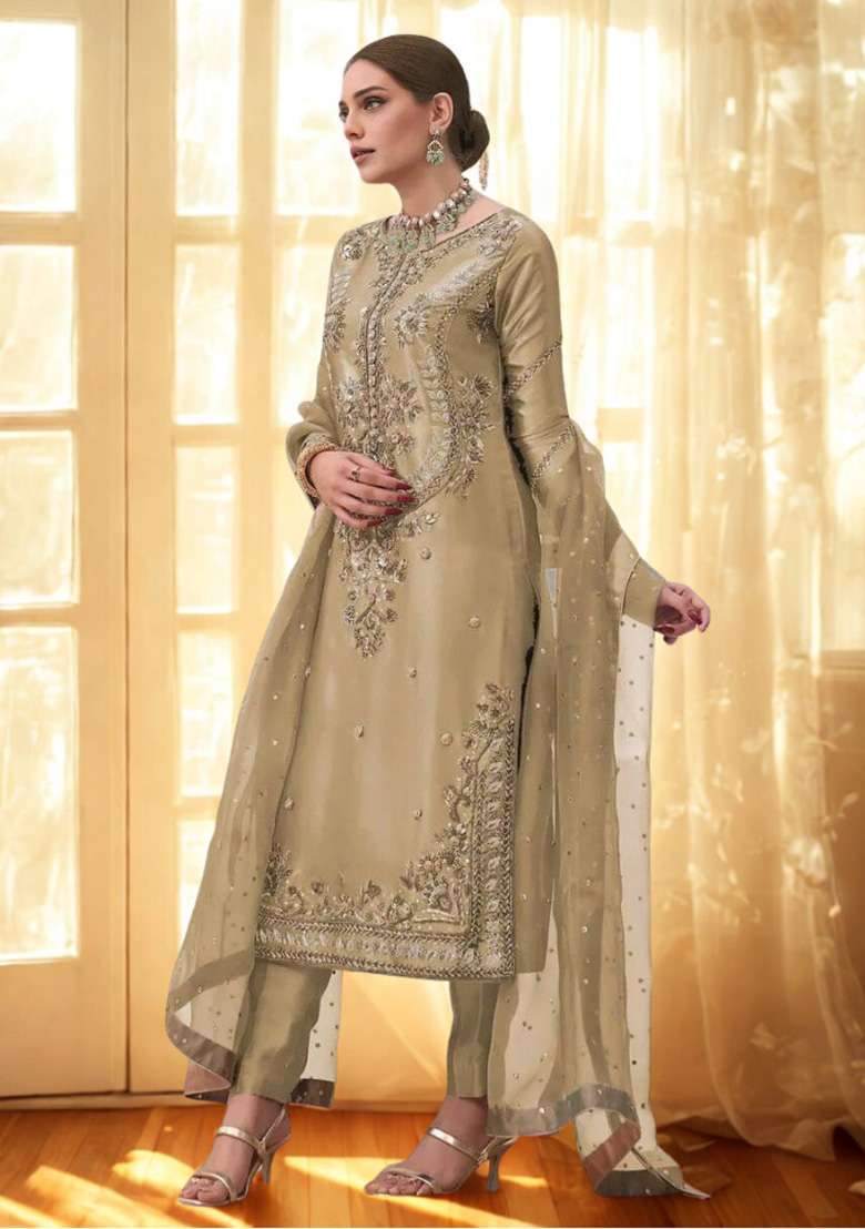 Golden Embroidered Silk Blend Pakistani Suit Set - Indya