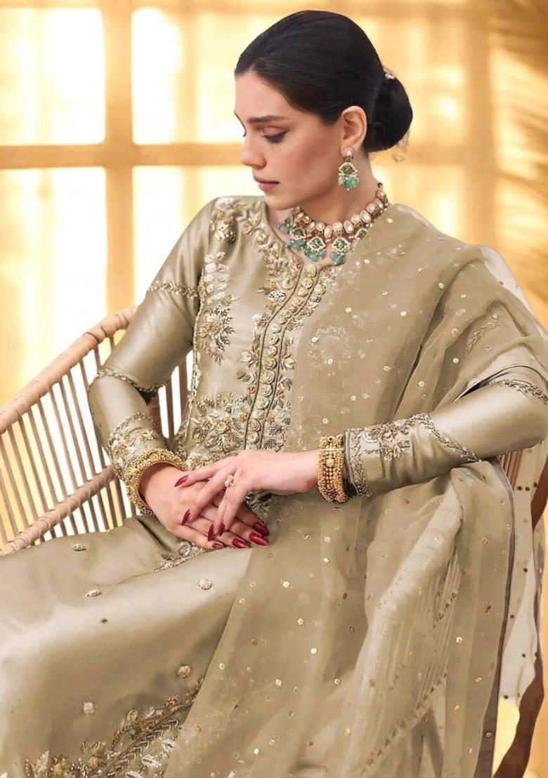 Golden Embroidery Silk Straight Kurta Set - Indya