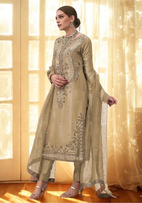Golden Embroidery Silk Straight Kurta Set