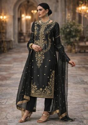 Black Embroidery Silk Straight Kurta Set