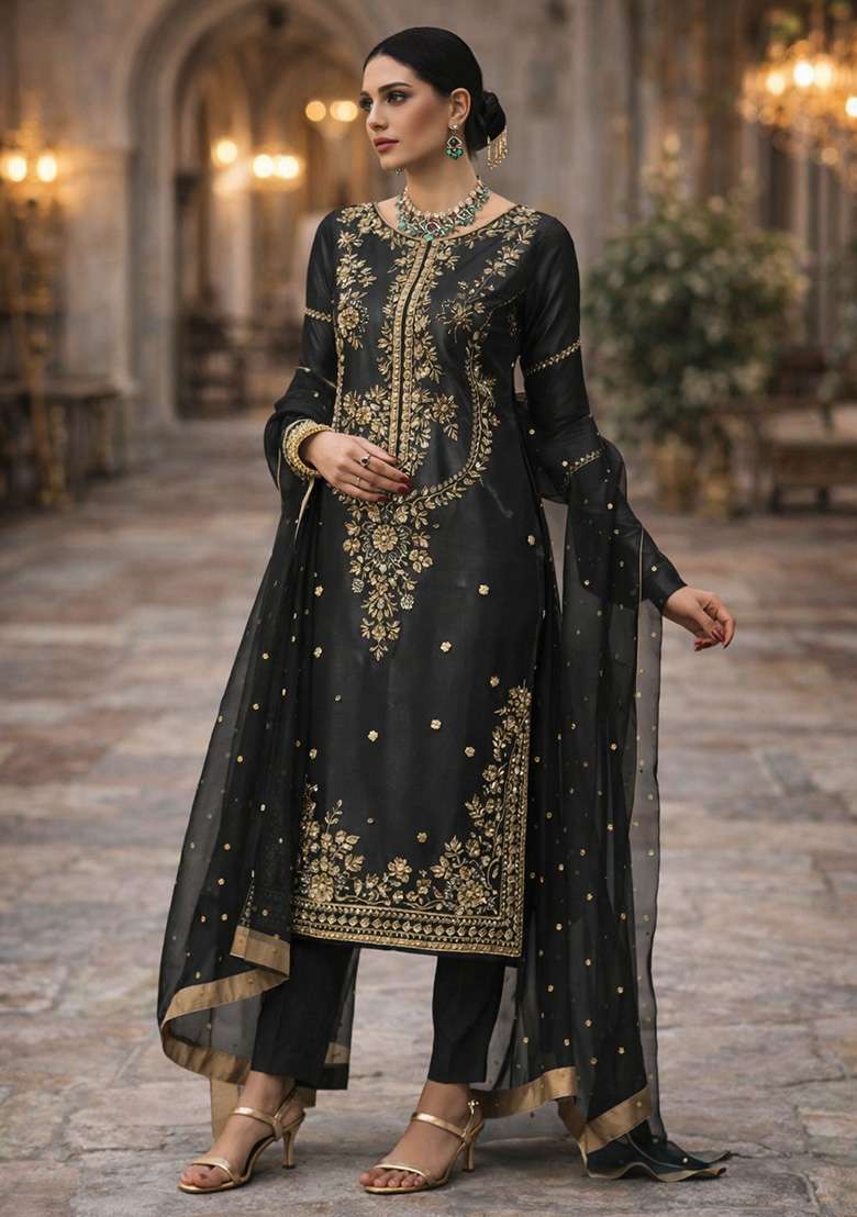 Black Embroidered Silk Blend Pakistani Suit Set - Indya