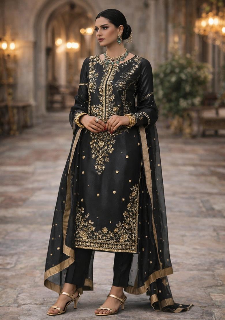 Black Embroidery Silk Straight Kurta Set - Indya