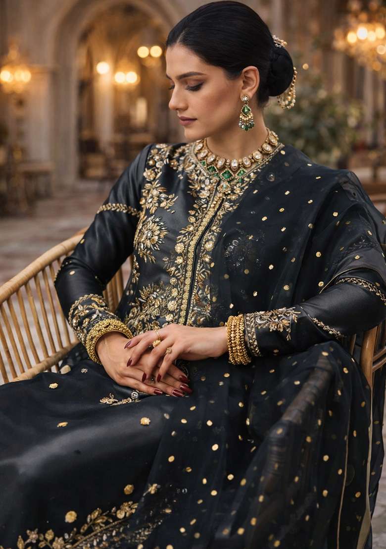 Black Embroidered Silk Blend Pakistani Suit Set - Indya