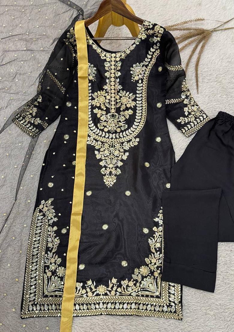Black Embroidery Silk Straight Kurta Set - Indya