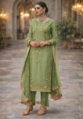 Green Embroidery Silk Straight Kurta Set