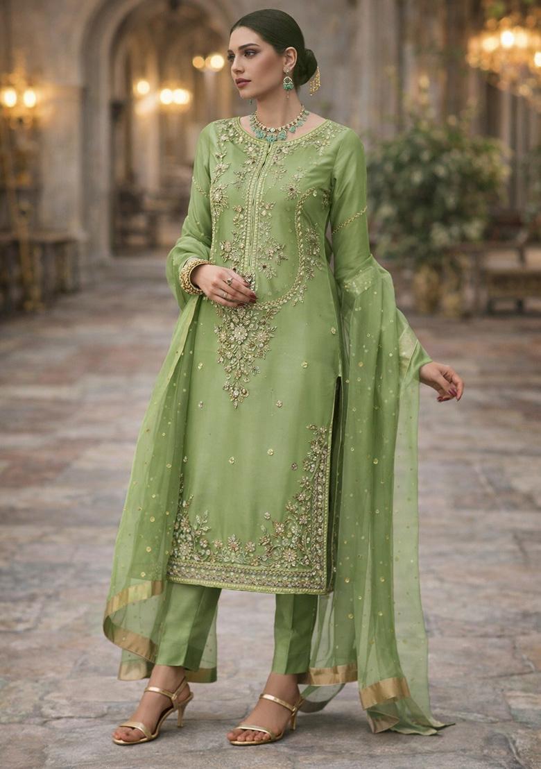 Green Embroidery Silk Straight Kurta Set - Indya