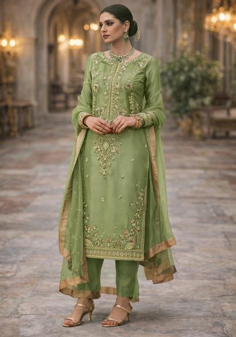 Green Embroidery Silk Straight Kurta Set