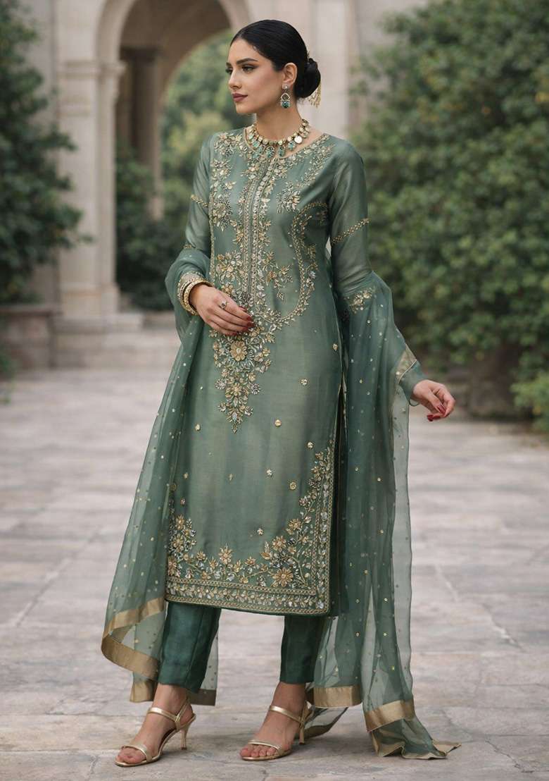Olive Green Embroidered Silk Blend Pakistani Suit Set - Indya