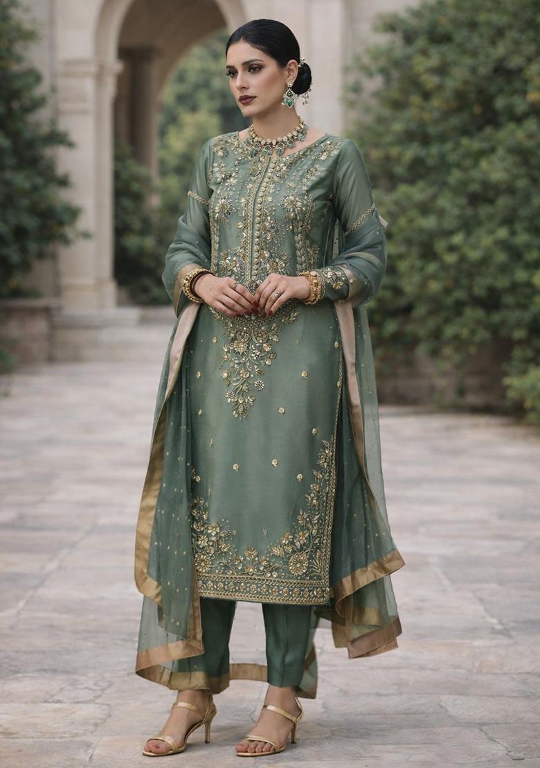 Olive Green Embroidery Silk Straight Kurta Set - Indya