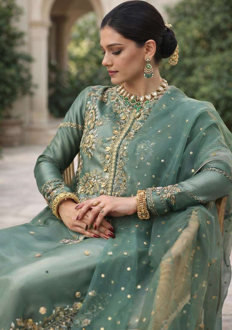 Olive Green Embroidered Silk Blend Pakistani Suit Set - Indya