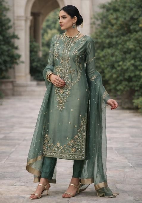 Olive Green Embroidery Silk Kurta Set
