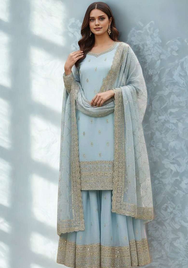 Blue Embroidered Silk Blend Sharara Set - Indya
