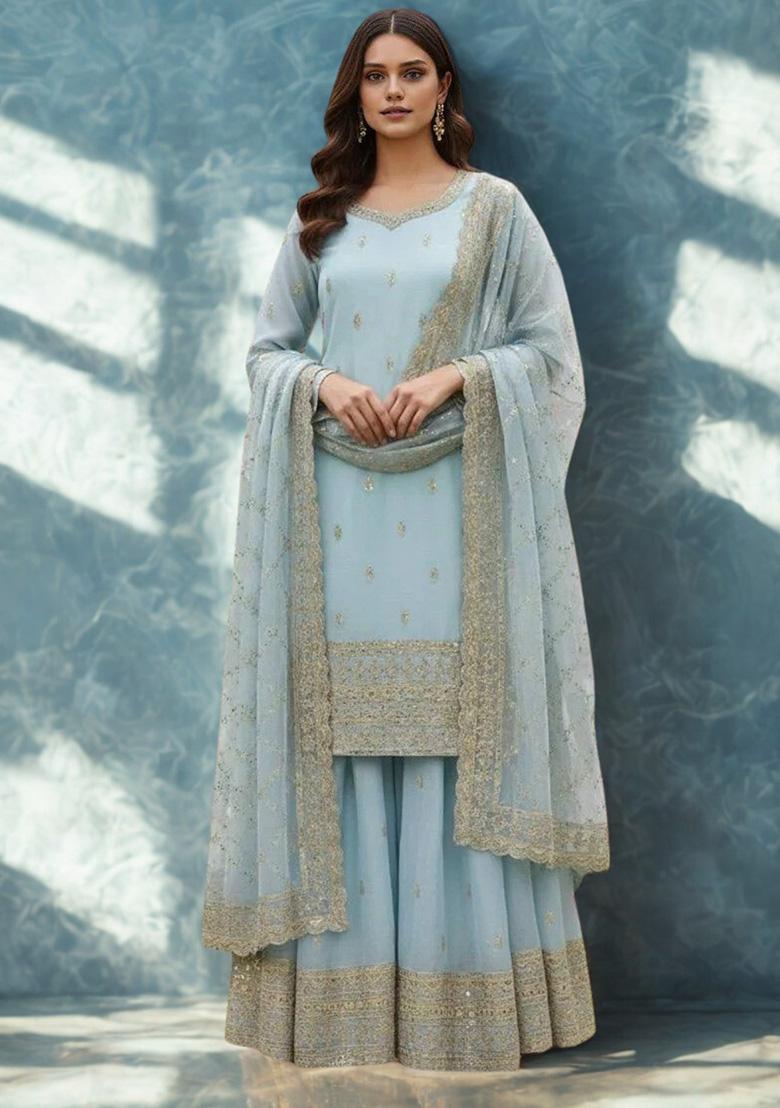 Blue Embroidery Silk Sharara Set - Indya