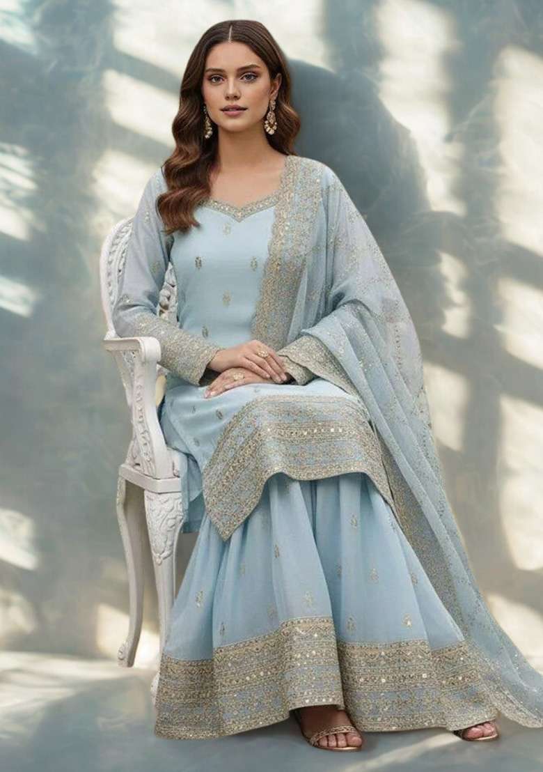 Blue Embroidered Silk Blend Sharara Set - Indya