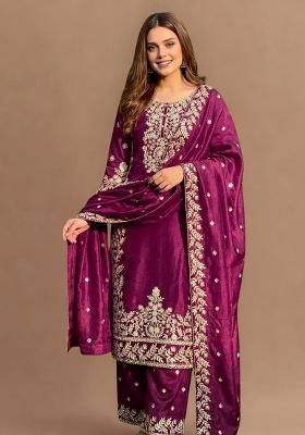 Wine Embroidery Silk Straight Kurta Set