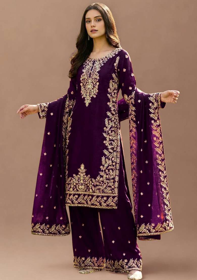 Wine Embroidered Silk Pakistani Suit Set - Indya