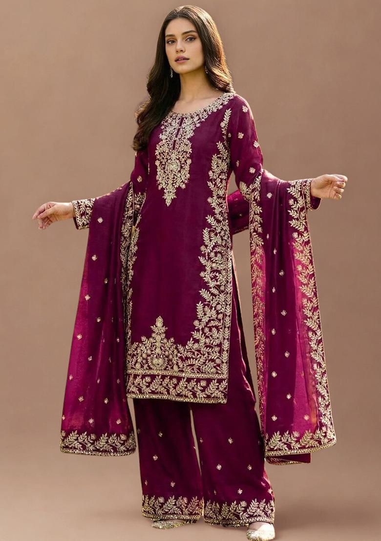 Wine Embroidery Silk Straight Kurta Set - Indya
