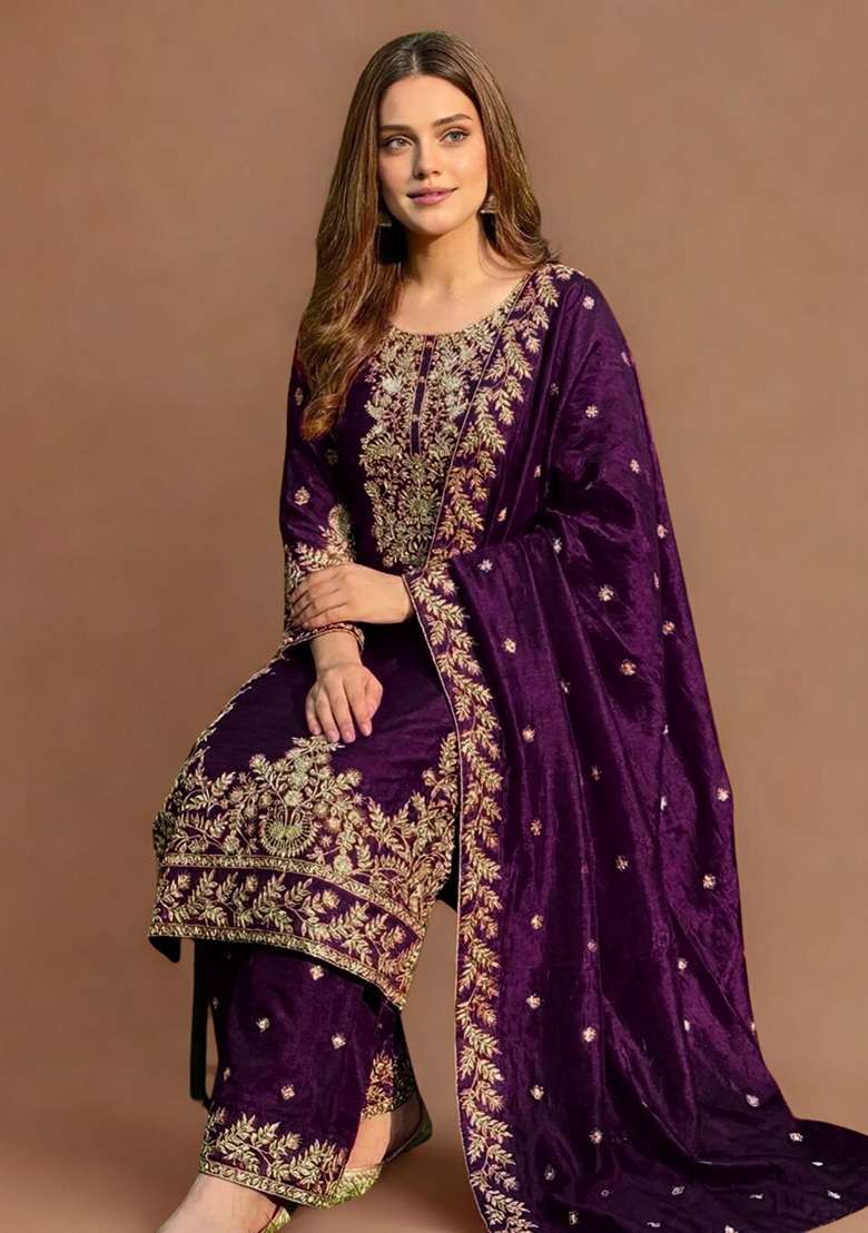 Wine Embroidered Silk Pakistani Suit Set - Indya