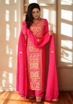 Red Embroidery Chinon Straight Kurta Set