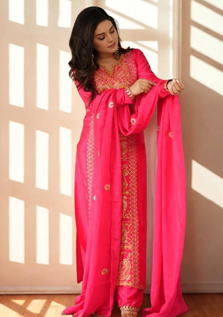 Red Embroidery Chinon Straight Kurta Set - Indya