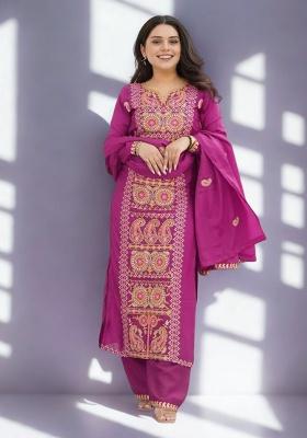 Wine Embroidery Chinon Straight Kurta Set