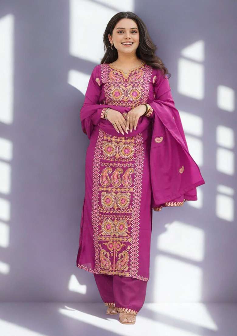 Wine Embroidered Chinon Pakistani Suit Set - Indya