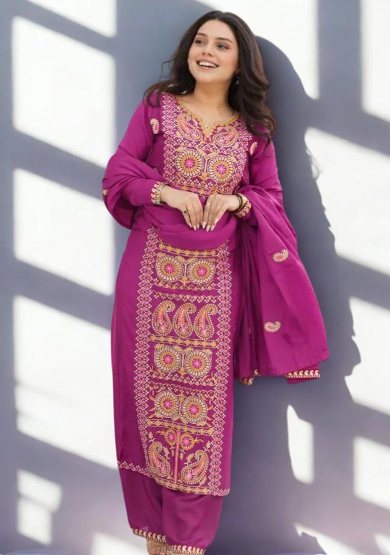 Wine Embroidery Chinon Straight Kurta Set - Indya