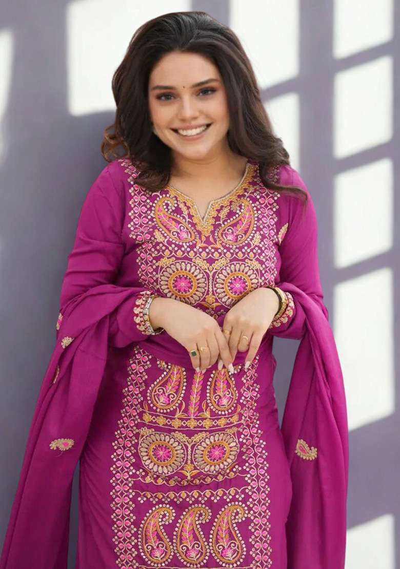 Wine Embroidered Chinon Pakistani Suit Set - Indya
