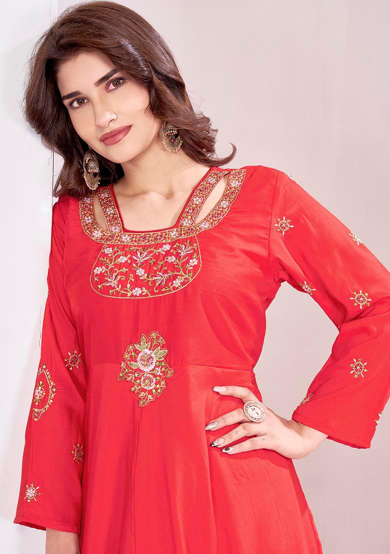 Rani Pink Embroidery Muslin Anarkali set - Indya