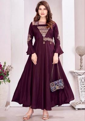 Wine Embroidery Muslin Anarkali set