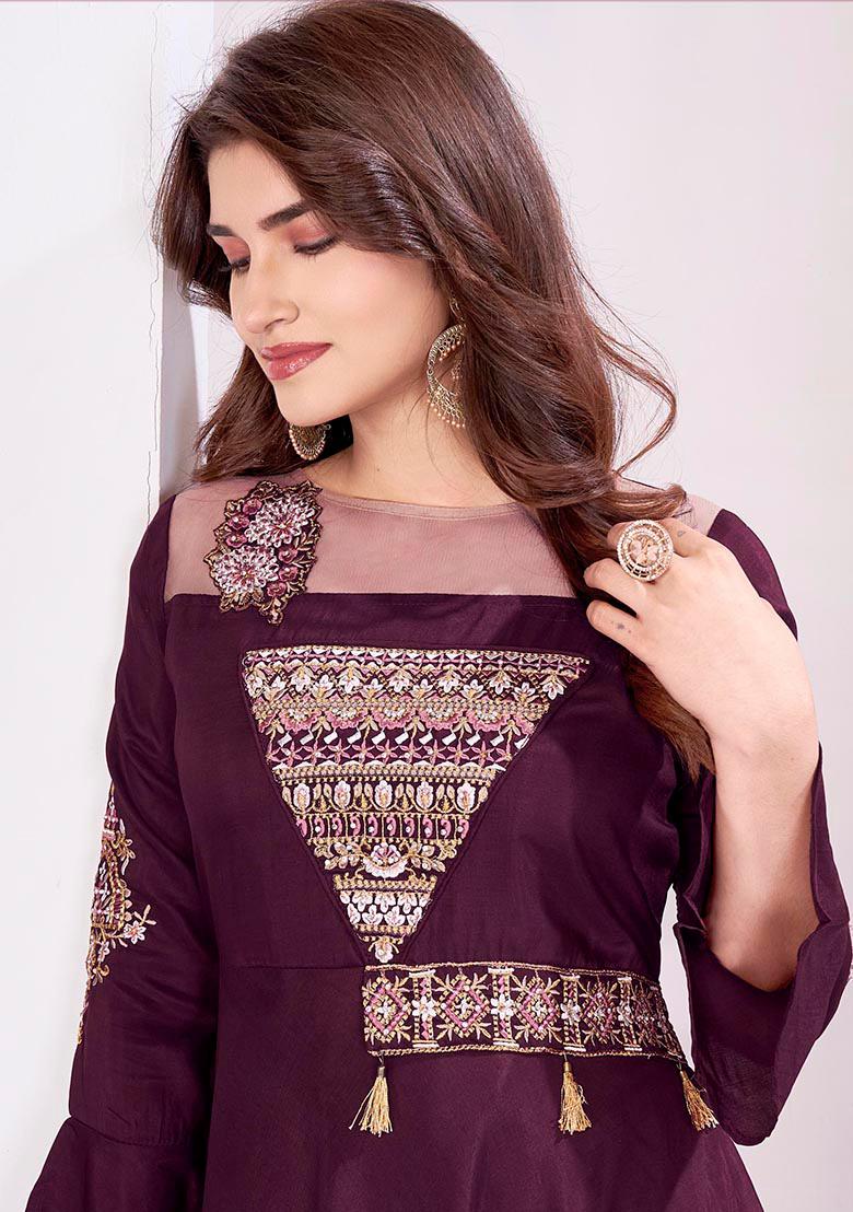 Wine Embroidery Muslin Anarkali set - Indya