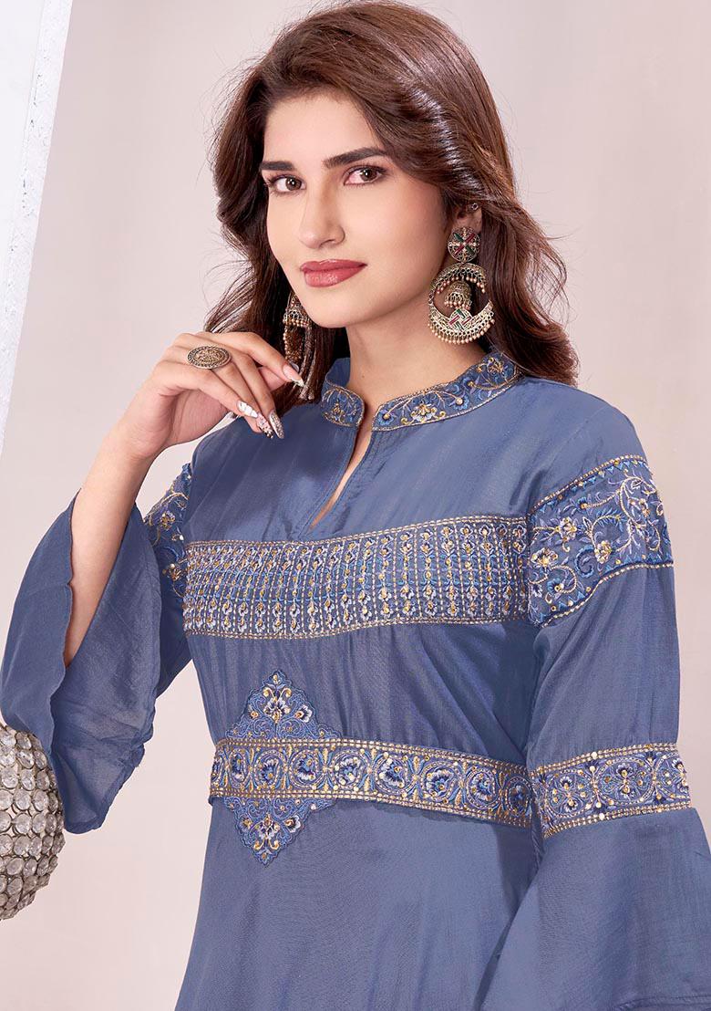 Sky Blue Embroidery Muslin Anarkali set - Indya