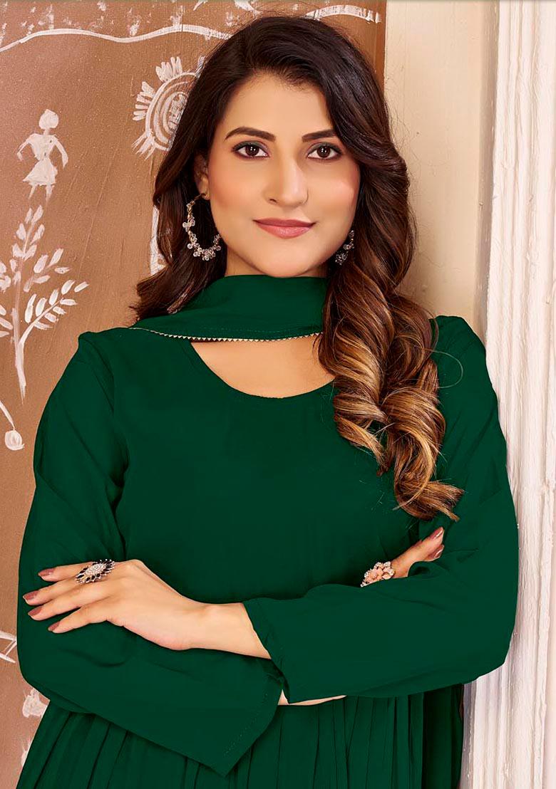 Green Lace Work Georgette Anarkali With Dupatta - Indya