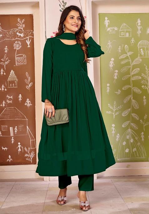 Green Lace Work Georgette Kurta With Dupatta Set