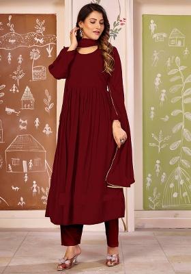 Maroon Lace Work Georgette Anarkali With Dupatta