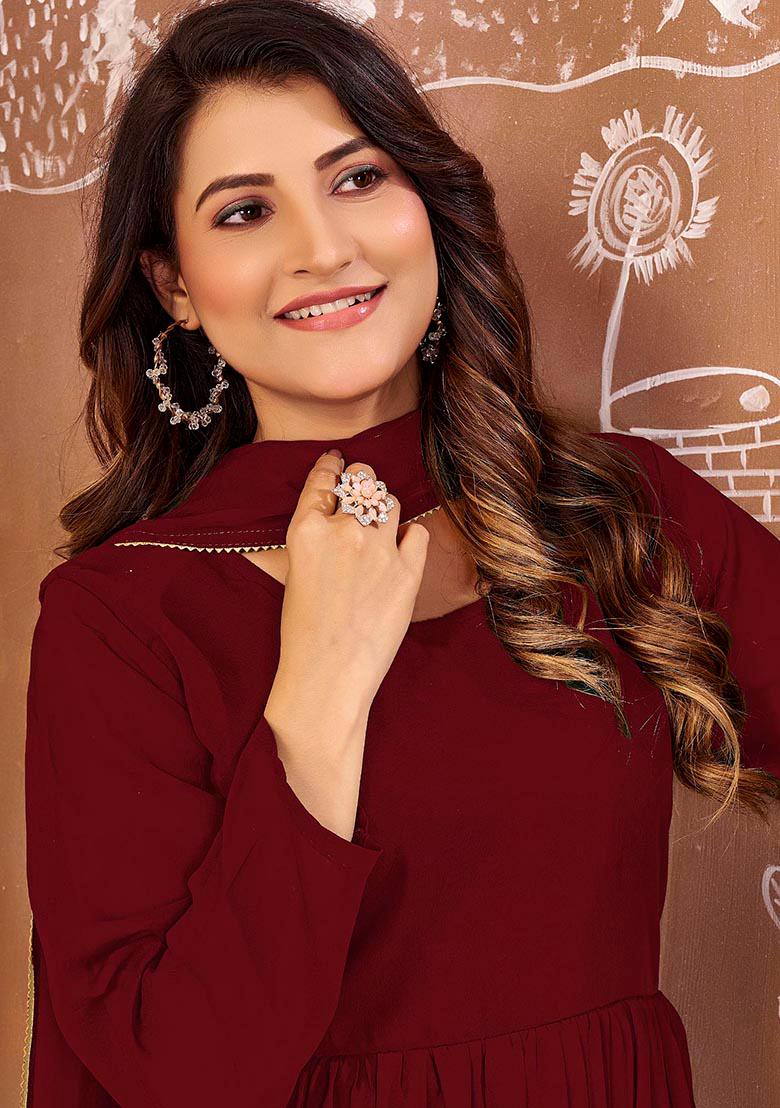 Maroon Lace Work Georgette Anarkali With Dupatta - Indya