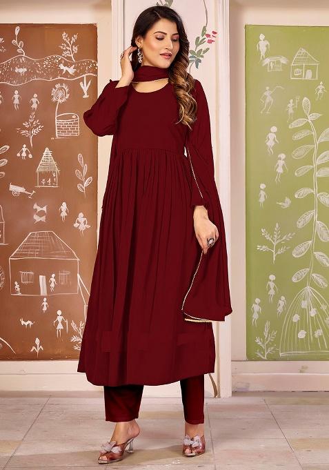 Maroon Lace Work Georgette Kurta With Dupatta Set