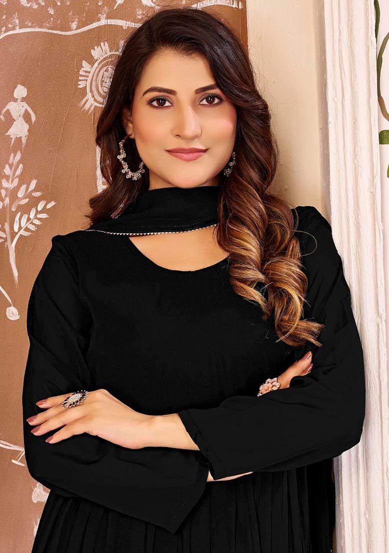 Black Lace Work Georgette Anarkali With Dupatta - Indya