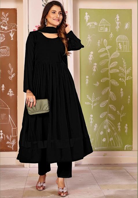 Black Lace Work Georgette Kurta With Dupatta Set
