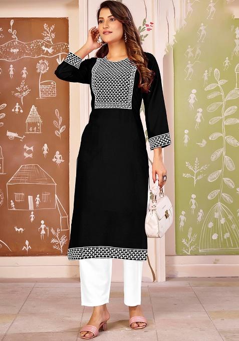 Black Embroidery Rayon Kurta Set