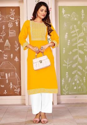 Yellow Embroidery Rayon Kurta Set