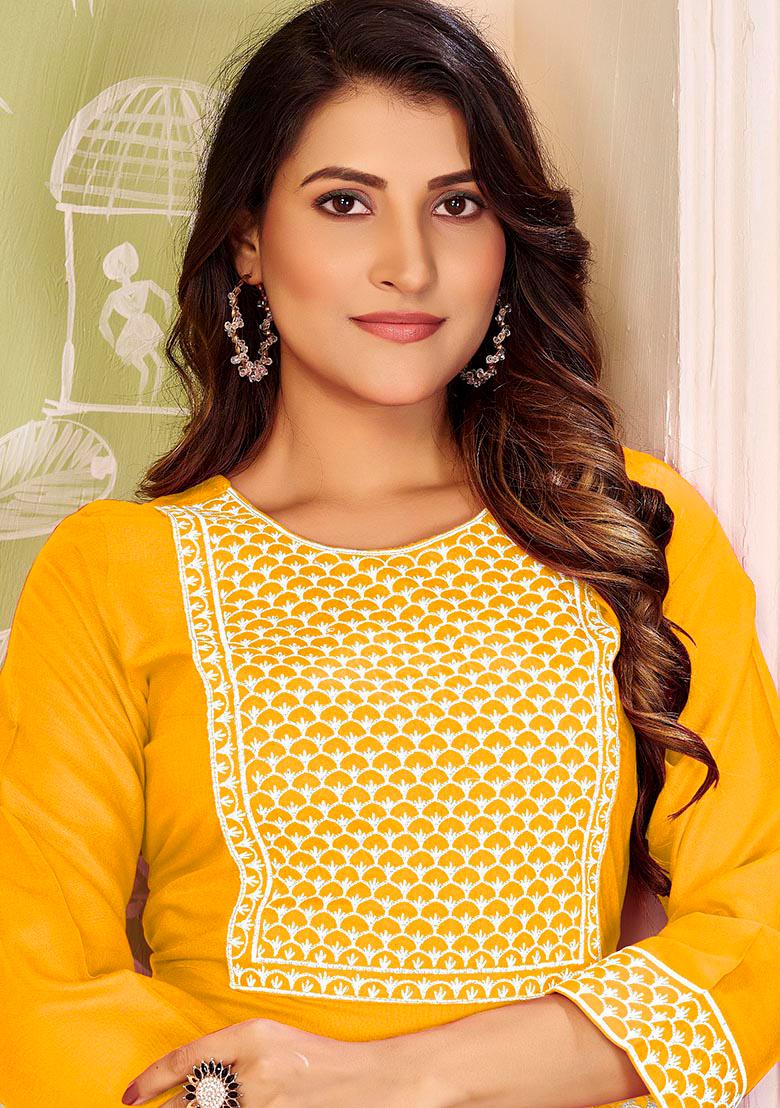 Yellow Embroidery Rayon Kurta Set - Indya