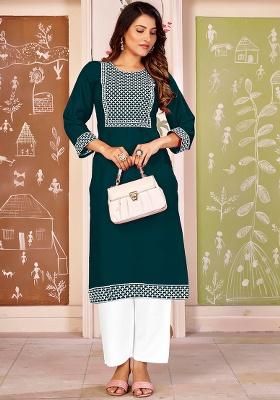 Green Embroidery Rayon Kurta Set