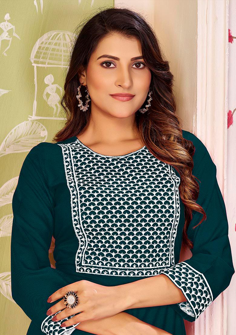 Green Embroidery Rayon Kurta Set - Indya