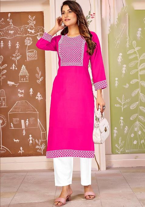 Rani Pink Embroidery Rayon Kurta Set