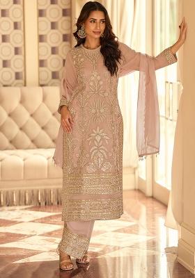 Peach Pink Embroidery Georgette Kurta Set