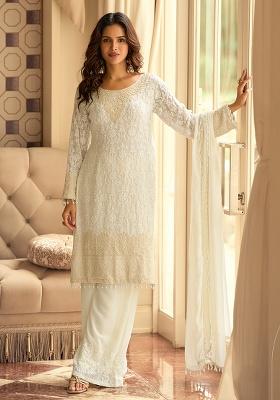 White Embroidery Georgette Straight Kurta Set