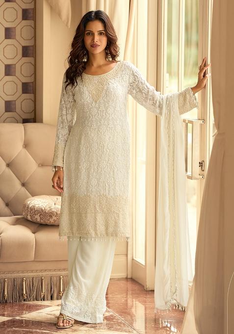 White Embroidery Georgette Kurta Set